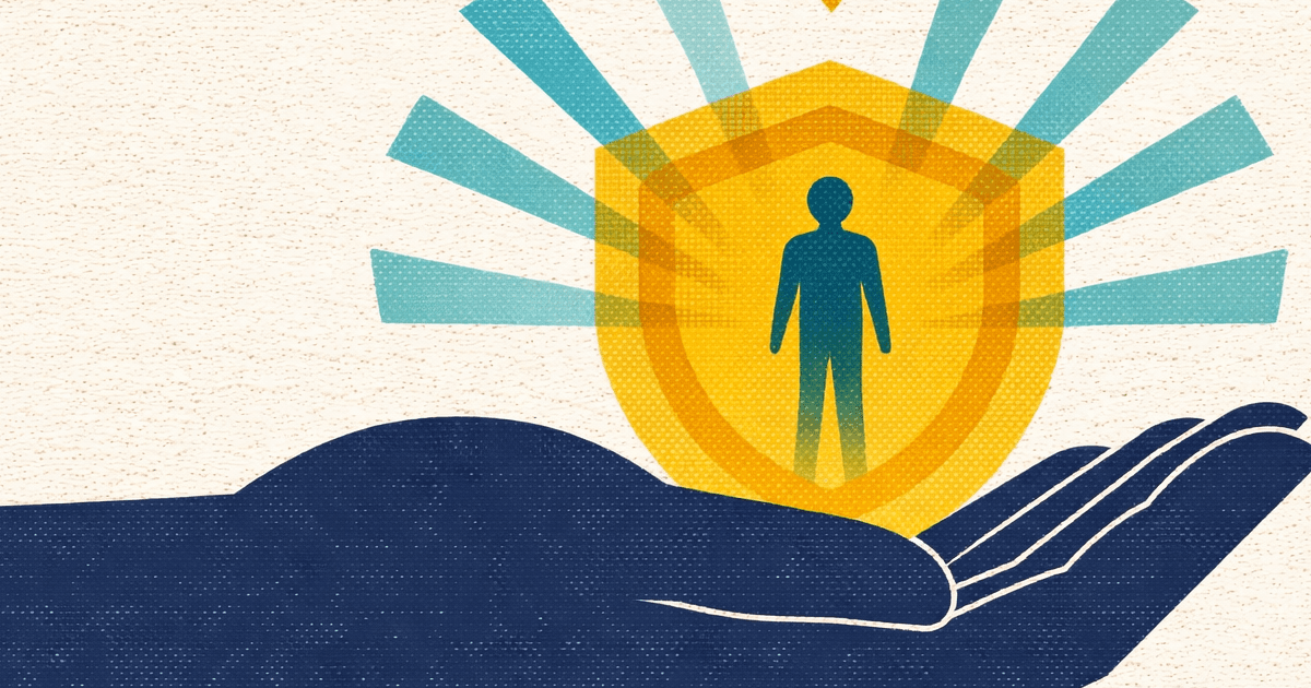 Max Life term insurance guide - risograph illustration of protective hand cradling a shield