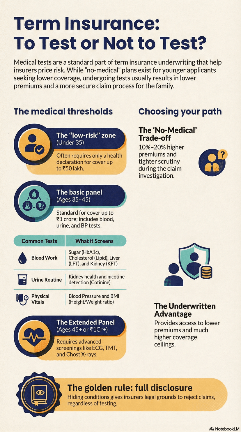 Infographic: Medical tests for term insurance — age thresholds, common tests, no-medical trade-offs, and why full disclosure matters