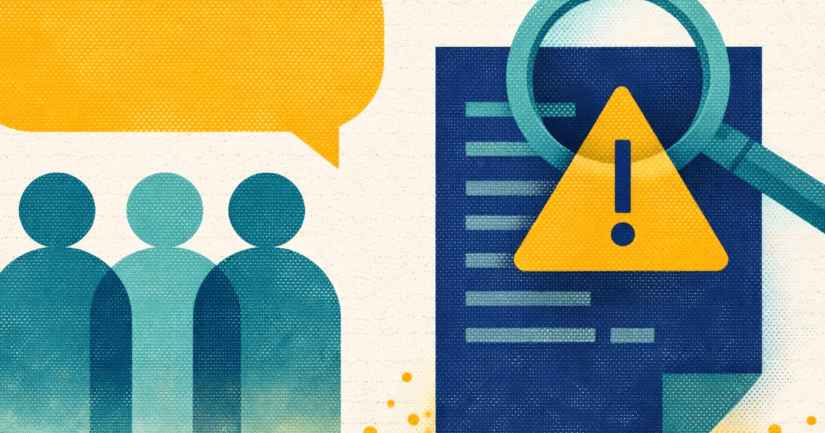 Risograph illustration of three figures with speech bubble and magnifying lens examining a document - representing term insurance buying channels